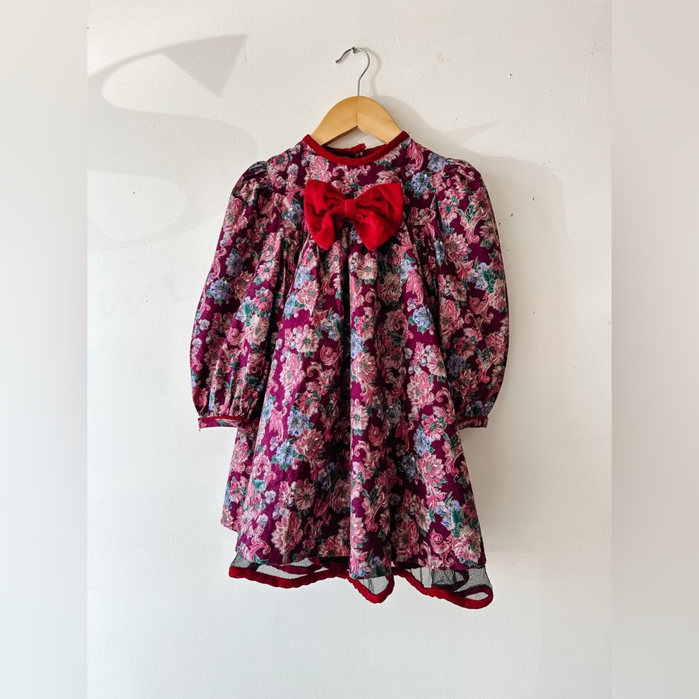 Vintage JoJoe Fashions Floral Dress - Velvet Bow & Trim,Long Puff Sleeve -Size 4